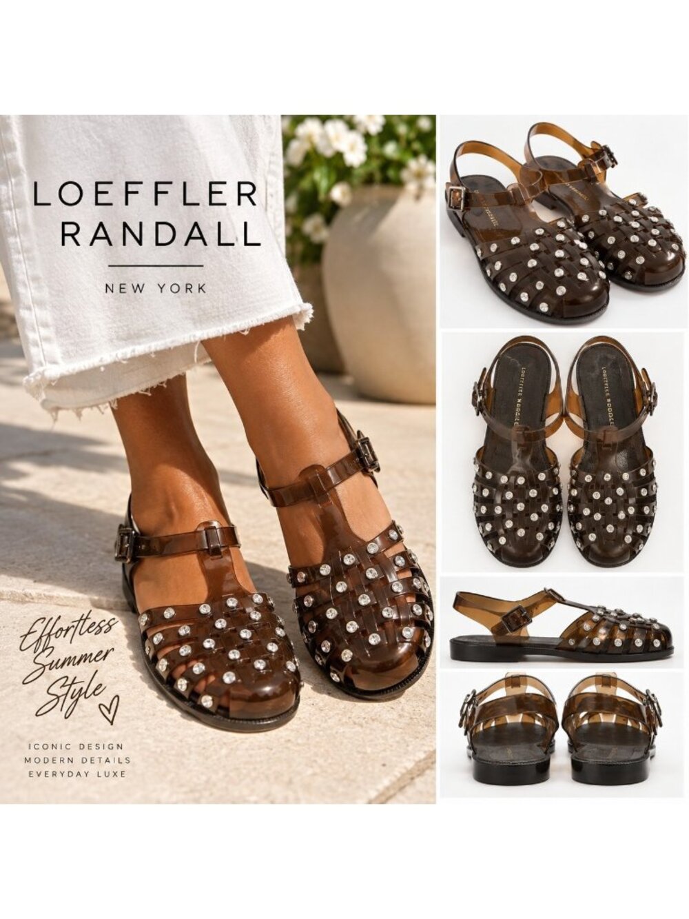 Loeffler Randall Women’s 6 Brown Jelly Fisherman Sandals Rhinestone Crystal Y2K
